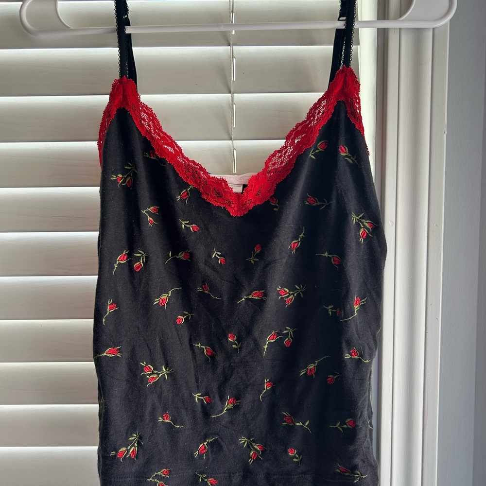 Victoria Secret Black Camisole with Red Lace and Floral Design